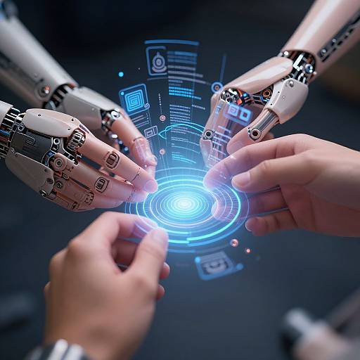 Photograph of human hands and robotic hands interacting with a glowing blue holographic interface on a dark surface.