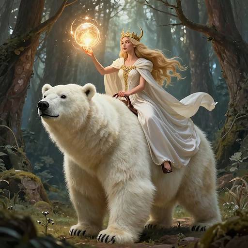 Digital artwork of a blonde, crown-wearing woman in a white dress, casting a glowing spell from her hand on a large white bear in a mystical