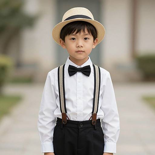 Photograph of a young Asian boy in a white shirt, black bow tie, black pants, straw hat, and suspenders, standing outdoors.