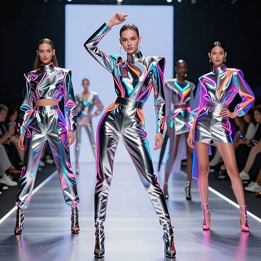 Photograph of three female models on a neon-lit runway, wearing shiny, silver, iridescent, long-sleeve jumpsuits with high