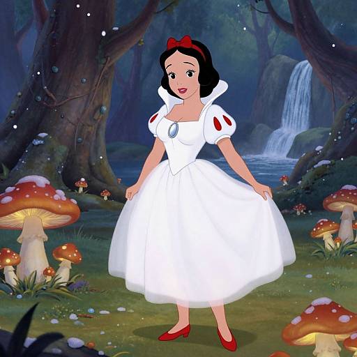 Disney-style digital illustration of Snow White in a white dress, red bow, and red shoes, standing in a magical forest with mushrooms and a waterfall.