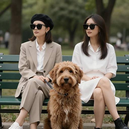 Two Women Sitting on Park Bench with Dog