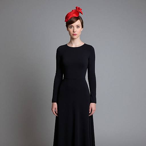 Photograph of a fair-skinned woman with red headband, wearing a black long-sleeve dress, standing against a plain gray background.