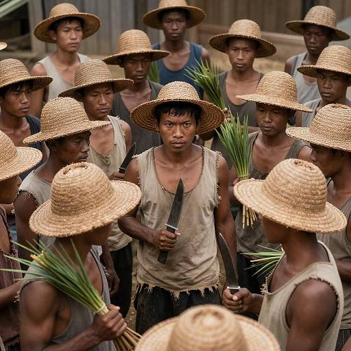 Intense Gathering of Asian Men with Knives