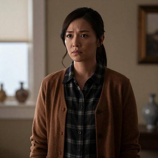 Photograph of a serious Asian woman with black hair in a side ponytail, wearing a brown cardigan over a black plaid shirt, standing indoors