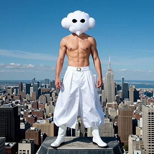 Shirtless, muscular man with white pants and cloud mask stands on NYC rooftop, cityscape and Empire State Building in background.