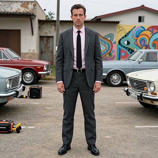 Photograph of a serious, dark-haired man in a gray suit and black tie standing in a parking lot with vintage cars, colorful graffiti, and old