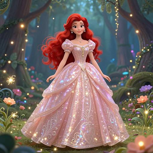 Digital illustration of a red-haired princess in a sparkling pink ball gown, standing in a magical forest filled with glowing fireflies and colorful flowers.