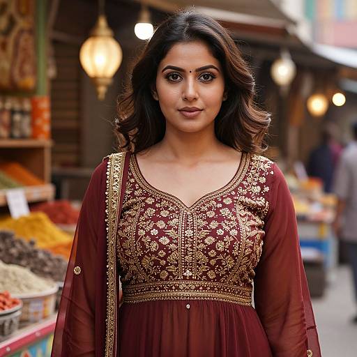 Photograph of a beautiful Indian woman with medium-brown skin, wearing an ornate maroon traditional dress, standing in a bustling market with colorful spices
