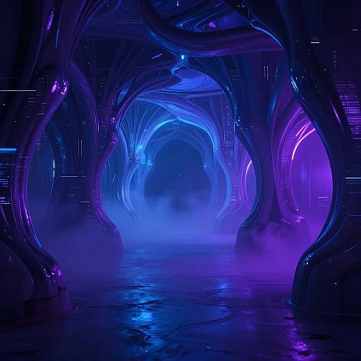Digital CGI of a futuristic, neon-lit tunnel with blue and purple glowing cables arching overhead, reflecting on a wet floor.