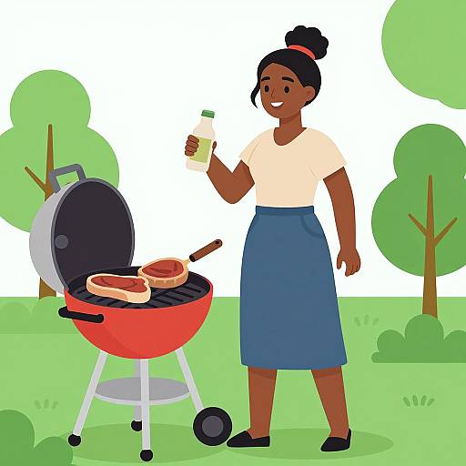 Cartoon illustration of a dark-skinned woman with a bun, wearing a white top and blue skirt, grilling burgers with a red grill in a
