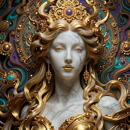 Digital art of a serene, marble-like woman with golden, wavy hair, adorned with an ornate gold crown and blue gemstones, set against