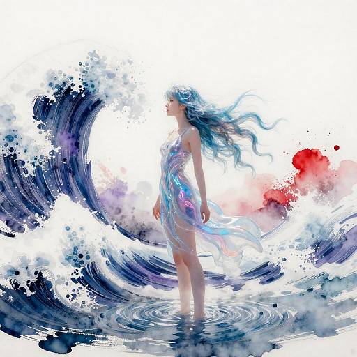 Iridescent Water-Dress Maiden Amid Tsunami