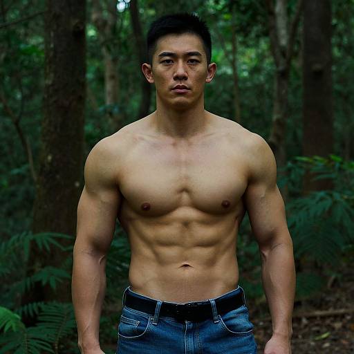 Muscular Shirtless Asian Man in Forest
