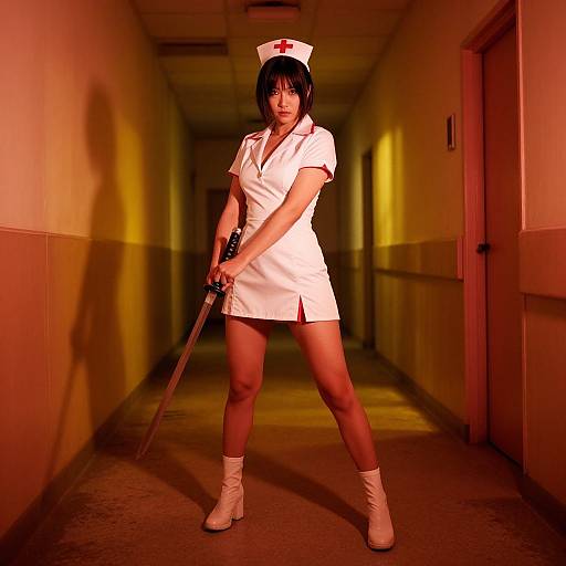 Photograph of an Asian woman in a white nurse outfit and cap, holding a sword, standing in a dimly lit hallway with red lighting, casting