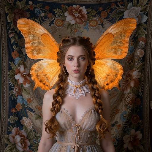 Photograph of a fair-skinned woman with long braided red hair, wearing a lace choker and sheer yellow dress, with glowing orange butterfly wings