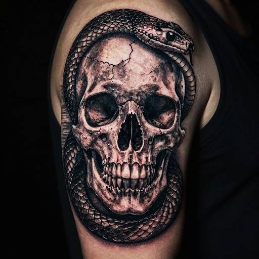 Hyper-detailed Skull and Snake Tattoo