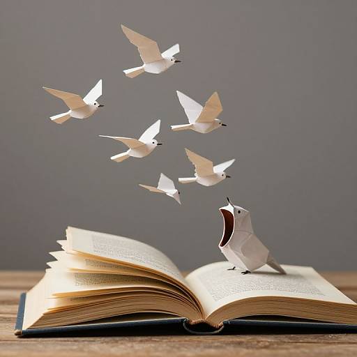 Photograph of a paper-crafted white bird perched on an open book, with six white paper birds flying upward against a gray background.