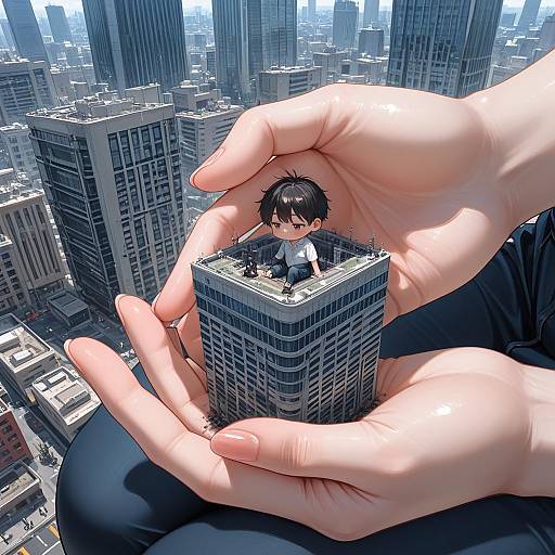Giantess Holding Miniature Boy in Cityscape