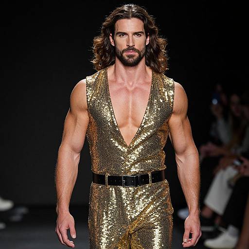 Photograph of a muscular, bearded man with long brown hair, wearing a deep V-neck, gold sequined outfit, and black belt, walking