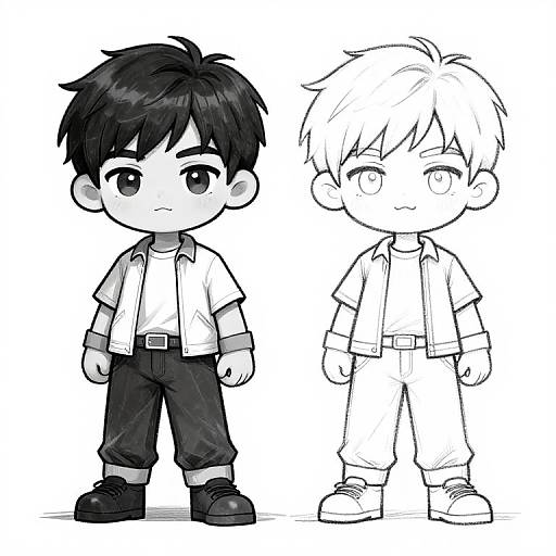 Chibi-style black-and-white digital drawing of two boys, one colored and one outlined, both wearing short-sleeve shirts and pants.