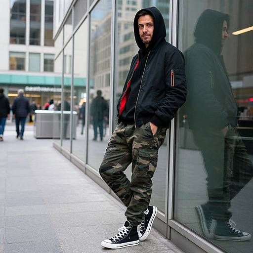 Photograph of a bearded man leaning against a glass building, wearing a black hoodie, camo pants, and black and white sneakers, with a