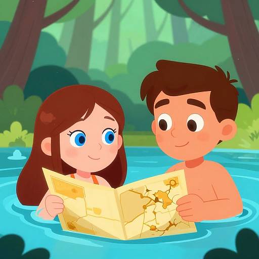 Cartoon-style image of a brown-haired girl with blue eyes and a brown-haired boy with brown eyes, both shirtless, holding a yellow map in