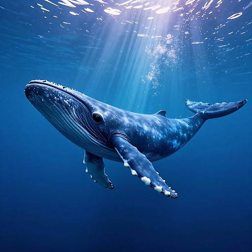 Photograph of a massive blue whale swimming underwater, lit by sun rays from above, with dark blue ocean background and bubbles.