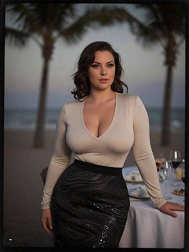 Photograph of a curvy brunette woman with wavy hair, wearing a white deep V-neck top and black sequin skirt, standing at a beach