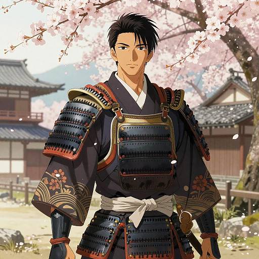 Anime-style digital illustration of a serious young samurai with black hair, wearing detailed black armor with floral patterns, standing under cherry blossoms. Traditional Japanese