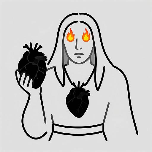 Digital drawing of a hooded figure with black heart symbols on chest and hand, glowing orange eyes, and flames. Minimalist, black-and-white style