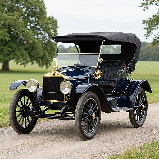 Photograph of a vintage, black, classic car with a black canopy, chrome accents, and large spoked wheels, parked on a gravel path in
