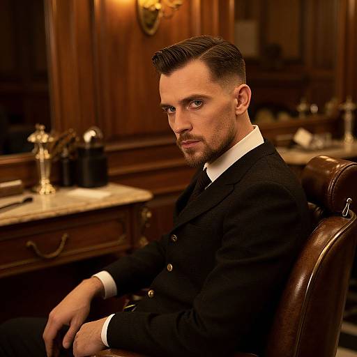 Photograph of a handsome man with dark hair and beard, wearing a black suit and white shirt, sitting in a vintage wooden barbershop. Warm