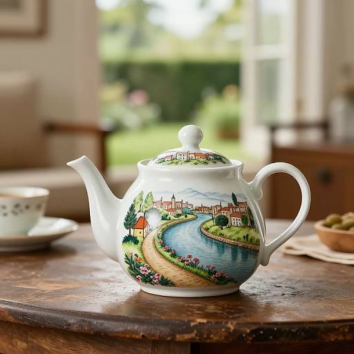 Photograph of a white, ornately decorated teapot with colorful countryside landscape on a wooden table, next to a cup and saucer. Bright,