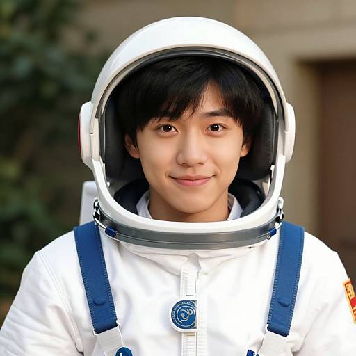 Photograph of a young Asian man with black hair, wearing a white space suit with a blue harness, and a reflective helmet, smiling slightly, against