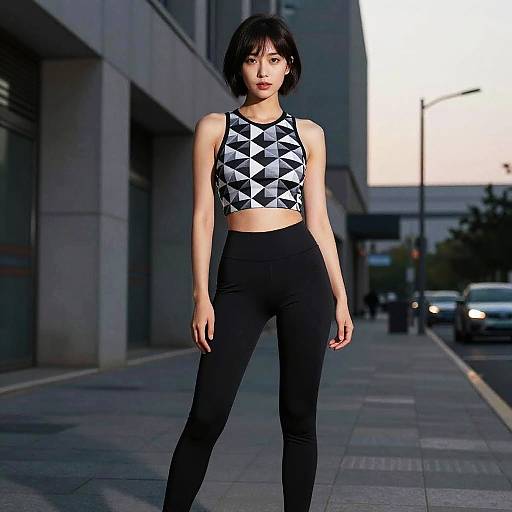 Photograph of an Asian woman with short black hair, wearing a black and white geometric crop top and black high-waisted leggings, standing confidently on