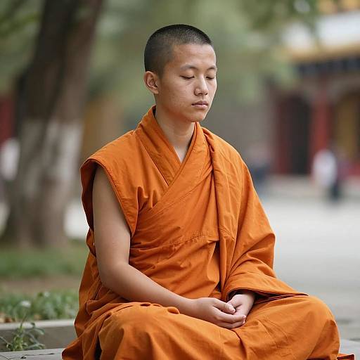 Photograph of a young Asian male Buddhist monk with shaved head, closed eyes, and orange robe, sitting cross-legged in a peaceful outdoor setting.