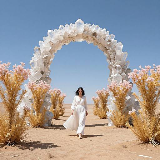 Photograph of a woman in a flowing white dress walking under a white, flower-shaped archway in a desert landscape with pink flowers and clear blue sky