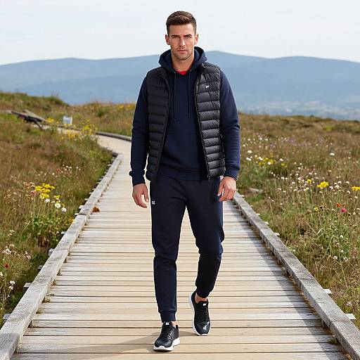 Photograph of a muscular, short-haired man in a black puffer vest, hoodie, and pants walking on a wooden path through a grassy,