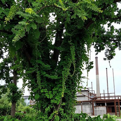 Photograph of lush green ivy-covered trees in front of an industrial building with a tall smokestack, metal structures, and scaffolding.