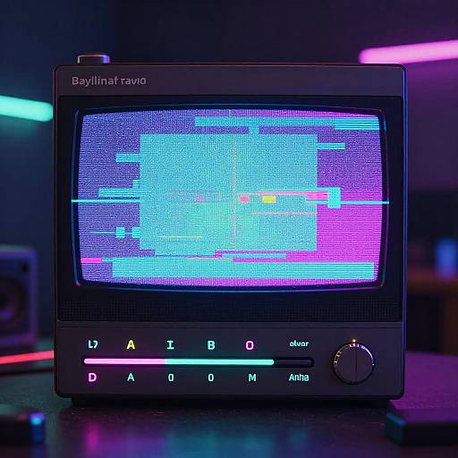 Photograph of a retro Baylinfarad TV displaying colorful, pixelated patterns with neon lights and control buttons in a dark, futuristic room.