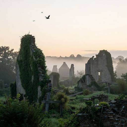 Abandoned stone ruin at dawn, overgrown with vines, surrounded by mist, with a bird flying in the sky. Photograph.