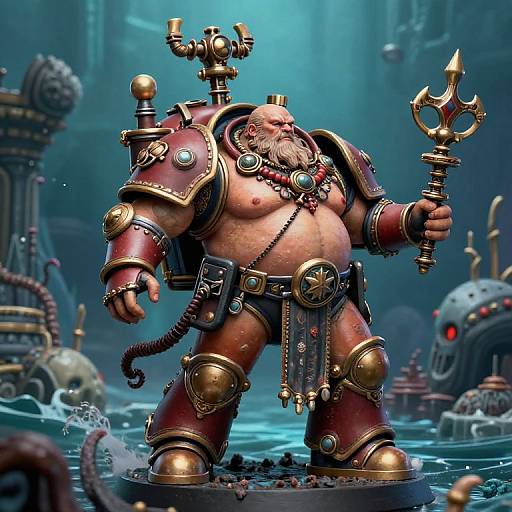 Digital art of a muscular, bearded, armored warrior with mechanical headgear, holding a trident, standing in a blue-lit, steamp