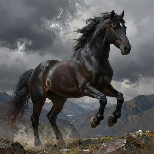 Dramatic Black Stallion in Stormy Landscape