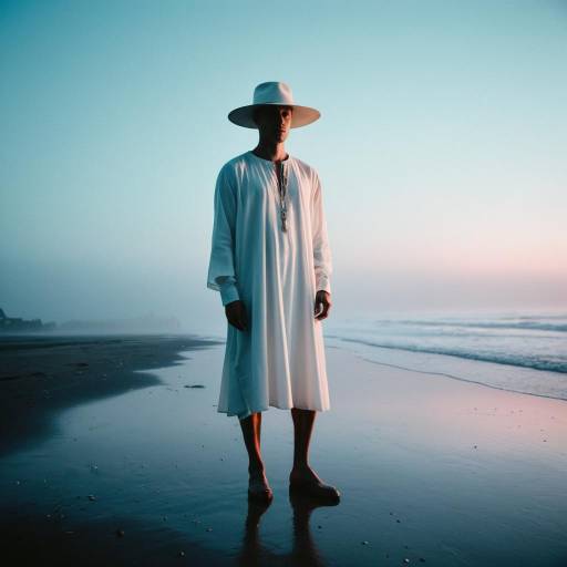Nordic Male Model in White Dress on Foggy Beach