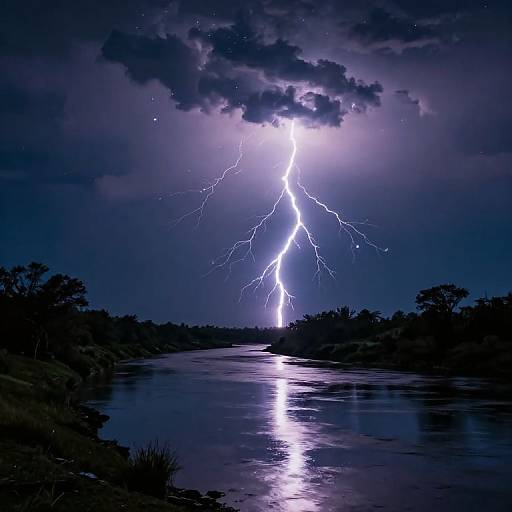 Photograph of a vivid lightning strike illuminating a dark, stormy night sky over a reflective river with silhouetted trees.