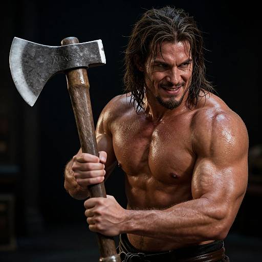 Photograph of a muscular, shirtless man with wet, dark hair, holding a large, silver-headed axe, smiling aggressively against a dark background.