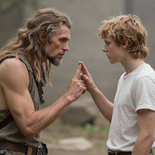 Photograph of an older, muscular man with long, wavy brown hair and a beard, and a young, slender, blonde-haired boy in a