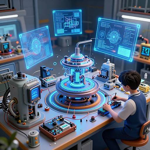 CGI image of a futuristic lab: young man in blue vest working on glowing blue holographic screens above a high-tech machine.