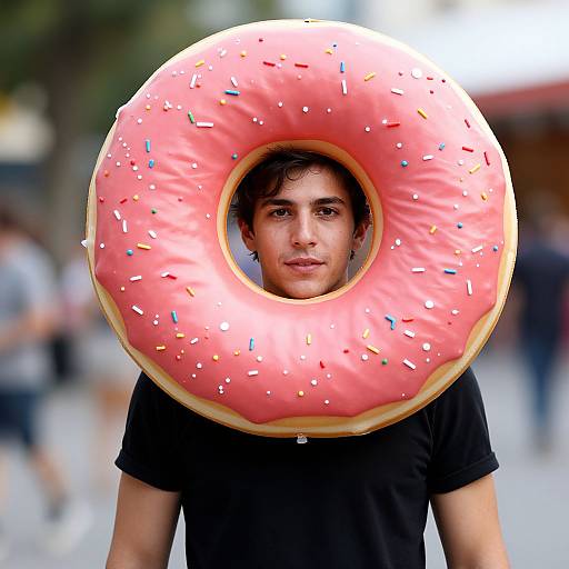 Photograph of a young man with medium skin tone, dark hair, wearing a black t-shirt and holding a large pink donut with sprinkles as
